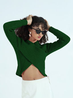 SHOWOFF - Edition Women's Ribbed Green Asymmetric Wrap Style Short Top