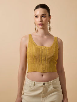 SHOWOFFFF - Women's Mustard Sleeveless Knitted Crop Top With Button Detail