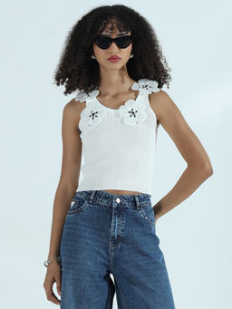 SHOWOFFFF - Edition Women's Ribbed White Crop Top With Flower Appliques