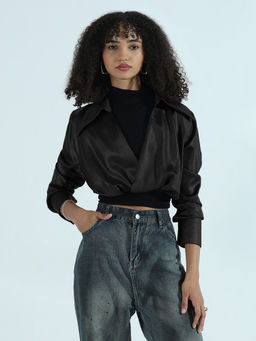 SHOWOFF - Edition Women's Black Faux Leather Shirt Style Crop Top