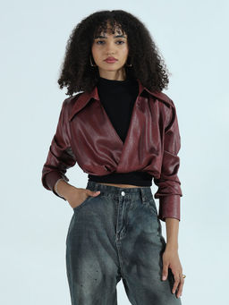 SHOWOFF - Edition Women's Maroon Faux Leather Shirt Style Crop Top