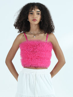 SHOWOFF - Edition Women's Ruffle Pink Net Crop Top With Shoulder Straps
