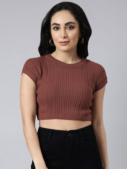 SHOWOFF - Women's Brown Round Neck Fitted Crop Top