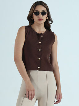 SHOWOFF - Women's Ribbed Brown Round Neck Top With Gold Buttons