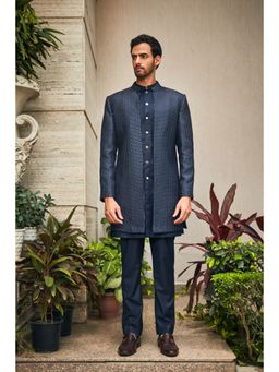 Bohame - Aagney Navy Blue Chikankari Open Jacket and Kurta with Pant (Set of 3)