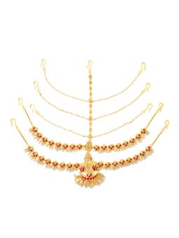 Voylla - Apsara Bridal Red Enamelled with Pearl Double Layered Golden Matha Patti