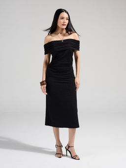 Twenty Dresses by Nykaa Fashion - Black Off Shoulder Gathered Side Slit Fitted Midi Dress