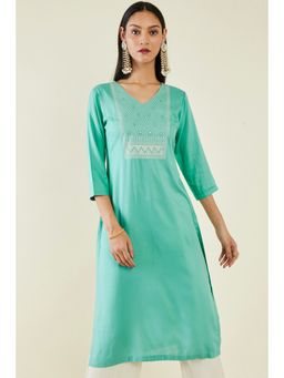 Soch - Women Turquoise Rayon Embroidered Kurta