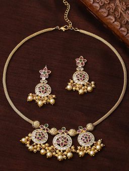 Estele - Gold Plated CZ Trilogy Designer Bridal Necklace Set with Pearls for Women
