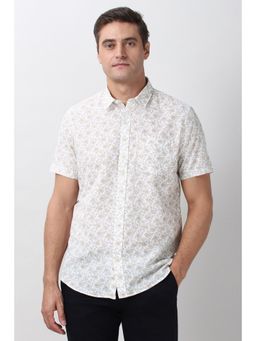 Peter England - Mens White Slim Fit Print Half Sleeves Casual Shirt