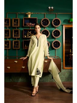 MEESA - Pista Green Embroidered Chanderi Silk Kurta with Pant and Organza Dupatta (Set of 3)