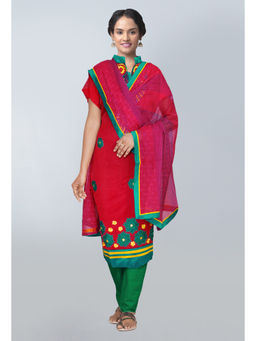 Unnati Silks - Semi Stitched Red Pure Chanderi Sico Salwar Kameez (Set of 3)