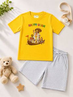 MALKIAT - Yellow Onam Printed Pure Cotton T-Shirt and Shorts
