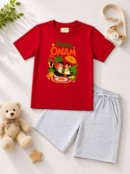 MALKIAT - Red Onam Printed Pure Cotton T-Shirt and Shorts