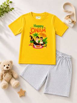 MALKIAT - Yellow Onam Printed Pure Cotton T-Shirt and Shorts