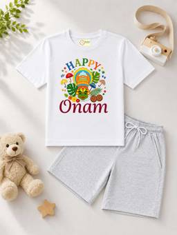 MALKIAT - White Onam Printed Pure Cotton T-Shirt and Shorts