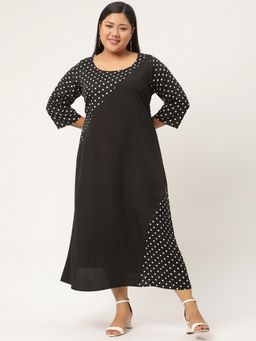 theRebelinme - Plus Size Womens Black & White Polka Dot Printed Crepe A-Line Midi Dress