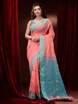 CHARUKRITI - Peach Cotton Handspun Woven Floral Motifs Saree with Unstitched Blouse