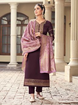 Odette - Purple Satin Georgette Designer Semi-Stitched Straight Suit (Set of 3)