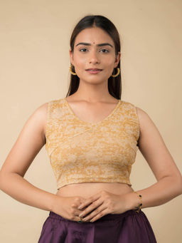 BINDIGASM'S ADVI - Beige Shaheen V Neck Zari Sleeveless Stretchable Pull On Stitched Blouse