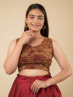 BINDIGASM'S ADVI - Maroon Shaheen V Neck Zari Sleeveless Stretchable Pull On Stitched Blouse