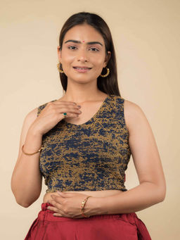 BINDIGASM'S ADVI - Navy Blue Shaheen V Neck Zari Sleeveless Stretchable Pull On Stitched Blouse