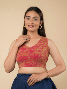 BINDIGASM'S ADVI - Pink Shaheen V Neck Zari Sleeveless Stretchable Pull On Stitched Blouse