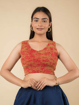 BINDIGASM'S ADVI - Red Shaheen V Neck Zari Sleeveless Stretchable Pull On Stitched Blouse