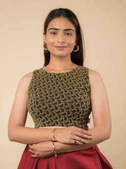 BINDIGASM'S ADVI - Green Shimona Banarasi Zari Sleeveless Stretchable Pull On Stitched Blouse