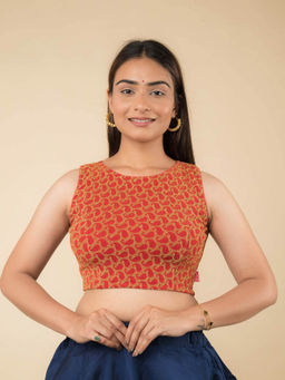 BINDIGASM'S ADVI - Red Shimona Banarasi Zari Sleeveless Stretchable Pull On Stitched Blouse