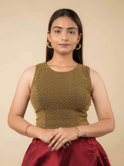 BINDIGASM'S ADVI - Gold Shimona Banarasi Zari Sleeveless Stretchable Pull On Stitched Blouse