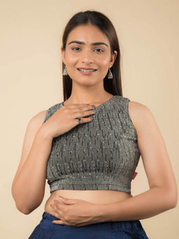 BINDIGASM'S ADVI - Silver Shimona Banarasi Zari Sleeveless Stretchable Pull On Stitched Blouse