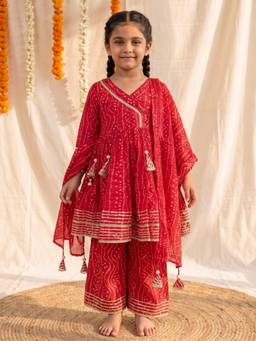 Autumnlane - Red Printed Cotton Kurta with Pant and Dupatta