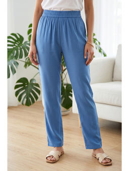 Aurelia - Blue Solid Viscose Regular Pant
