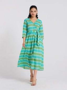 Rustorange - Turquoise Printed Cotton A-Line Dress