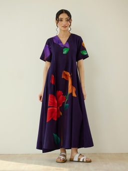 Rustorange - Navy Blue Floral Cotton A-Line Dress