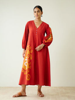 Rustorange - Red Printed Cotton A-Line Dress