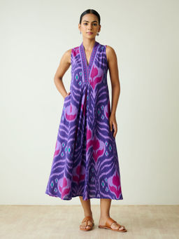 Rustorange - Purple Printed Cotton A-Line Dress