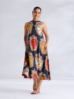 Rustorange - Navy Blue Printed Modal A-Line Dress