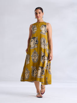 Rustorange - Mustard Printed Modal A-Line Dress