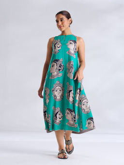 Rustorange - Teal Printed Modal A-Line Dress
