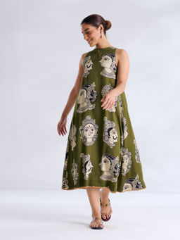 Rustorange - Olive Printed Modal A-Line Dress