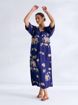 Rustorange - Navy Blue Floral Modal Regular Dress