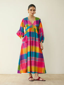 Rustorange - Multi-Color Checks Cotton A-Line Dress