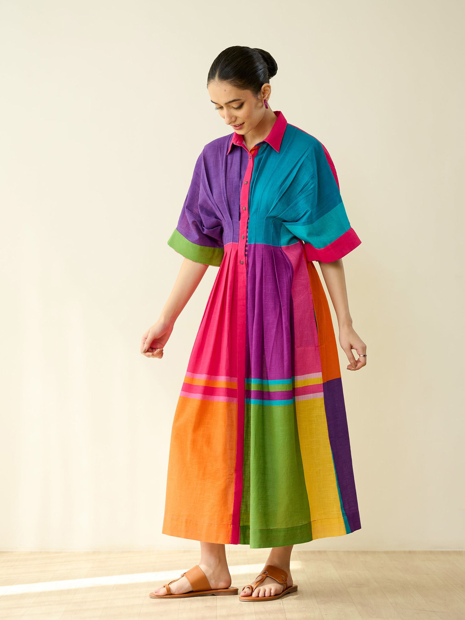 rustorange Multi-Color Colorblock Cotton A-Line Dress-picture-3