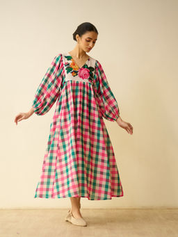 Rustorange - Multi-Color Checks Cotton A-Line Dress