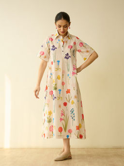 Rustorange - Cream Floral Cotton A-Line Dress