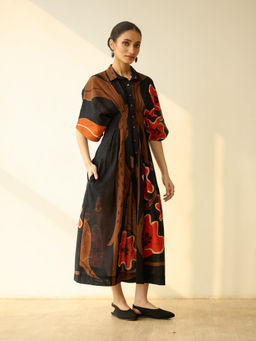 Rustorange - Black Floral Cotton A-Line Dress