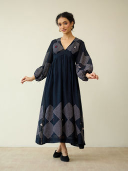 Rustorange - Navy Blue Printed Cotton A-Line Dress