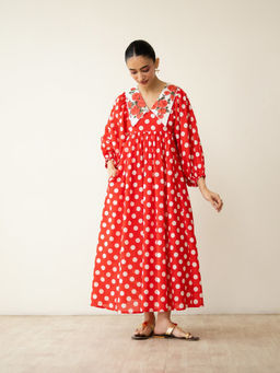Rustorange - Red Polka Dots Cotton A-Line Dress